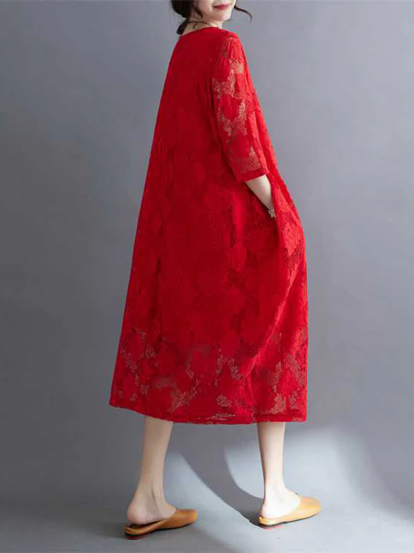 Half Sleeves Loose Hollow Solid Color Round-Neck Midi Dresses - Image 9