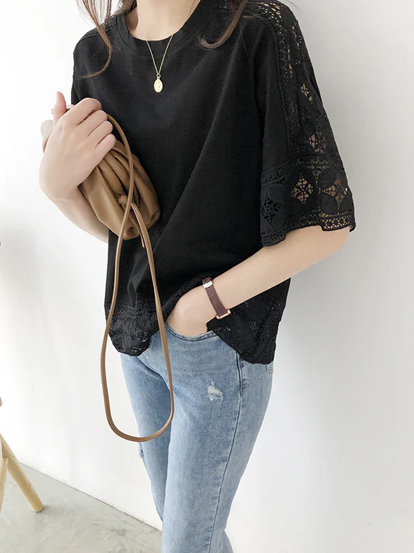 Half Sleeves Loose Hollow Solid Color Split-Joint Round-Neck T-Shirts Tops - Image 2