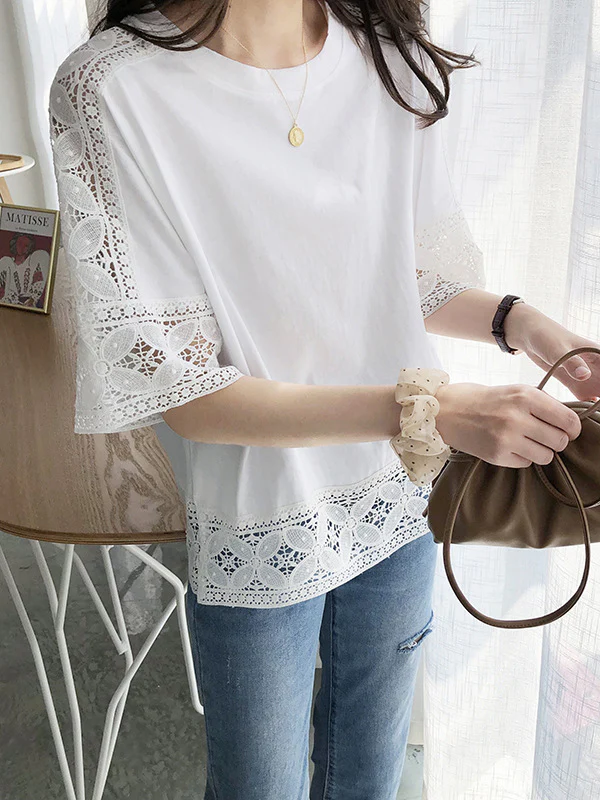 Half Sleeves Loose Hollow Solid Color Split-Joint Round-Neck T-Shirts Tops - Image 3