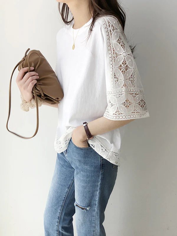 Half Sleeves Loose Hollow Solid Color Split-Joint Round-Neck T-Shirts Tops - Image 4
