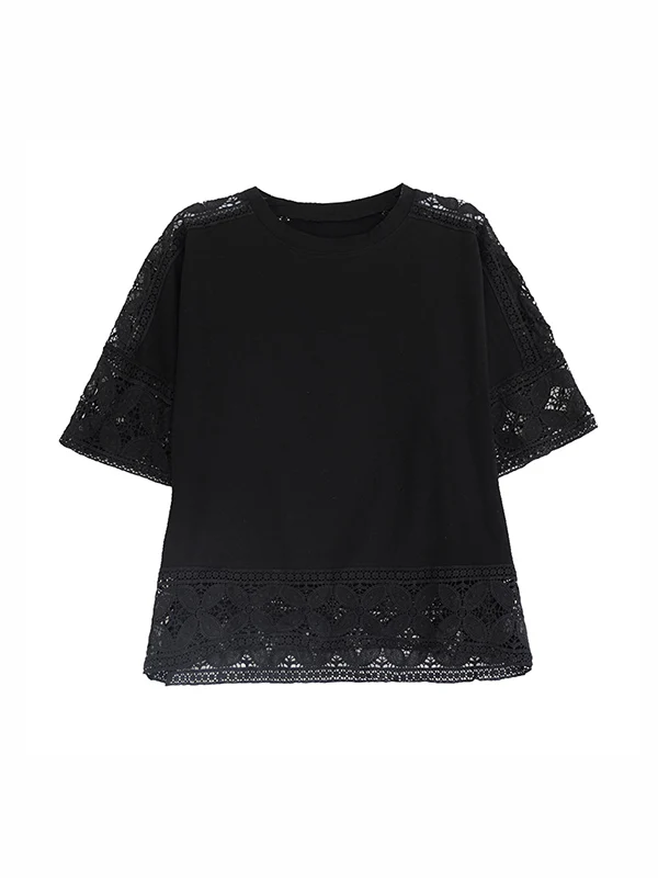 Half Sleeves Loose Hollow Solid Color Split-Joint Round-Neck T-Shirts Tops - Image 5