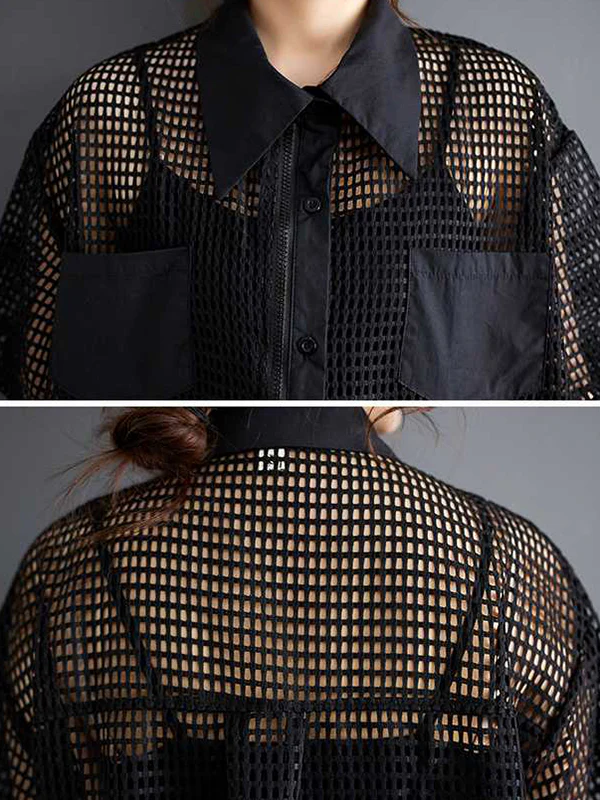 Half Sleeves Loose Hollow Solid Color Split-Joint Zipper Lapel Midi Dresses Shirt Dress - Image 10