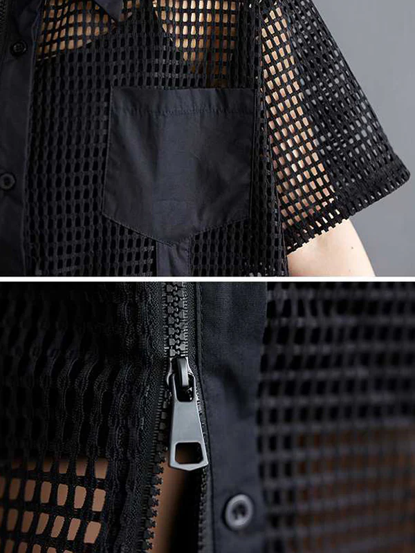 Half Sleeves Loose Hollow Solid Color Split-Joint Zipper Lapel Midi Dresses Shirt Dress - Image 11