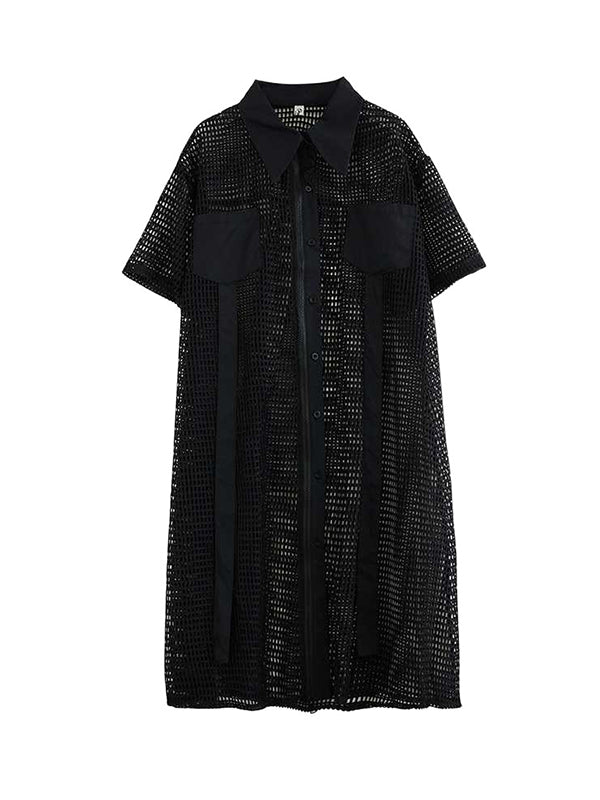 Half Sleeves Loose Hollow Solid Color Split-Joint Zipper Lapel Midi Dresses Shirt Dress - Image 13