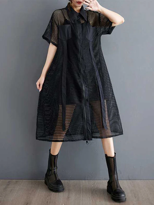 Half Sleeves Loose Hollow Solid Color Split-Joint Zipper Lapel Midi Dresses Shirt Dress - Image 2