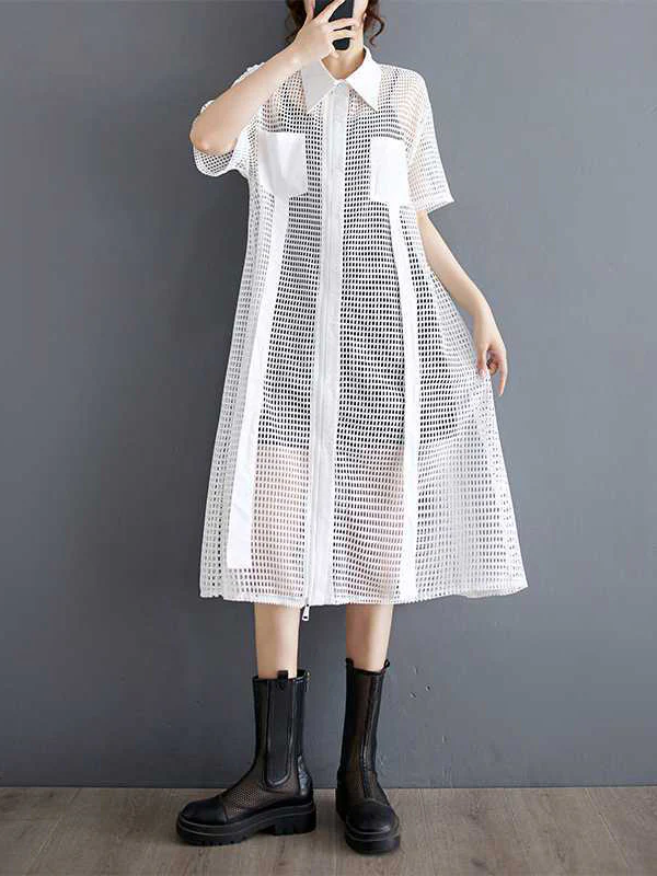Half Sleeves Loose Hollow Solid Color Split-Joint Zipper Lapel Midi Dresses Shirt Dress - Image 3