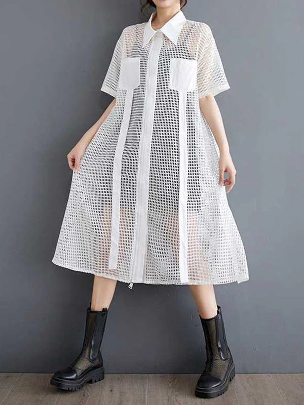 Half Sleeves Loose Hollow Solid Color Split-Joint Zipper Lapel Midi Dresses Shirt Dress - Image 4