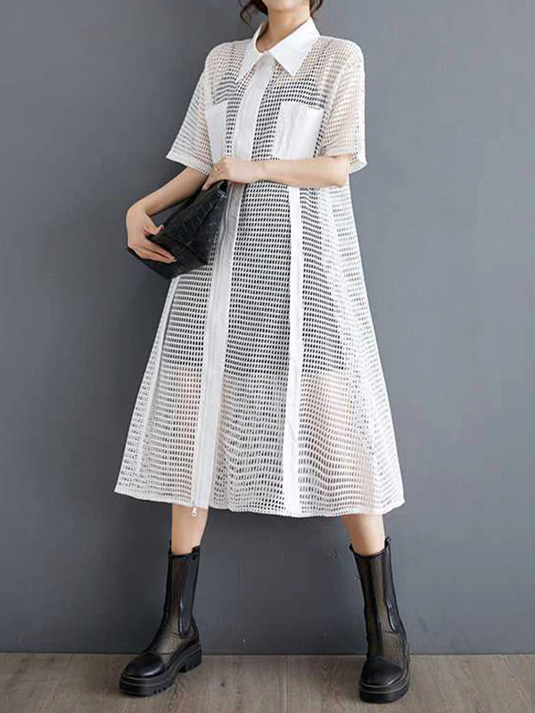 Half Sleeves Loose Hollow Solid Color Split-Joint Zipper Lapel Midi Dresses Shirt Dress - Image 5