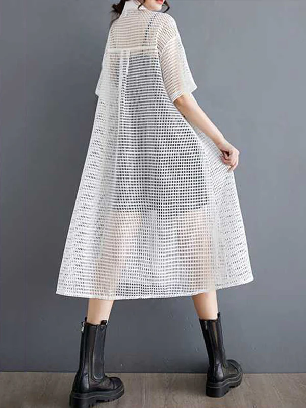Half Sleeves Loose Hollow Solid Color Split-Joint Zipper Lapel Midi Dresses Shirt Dress - Image 6