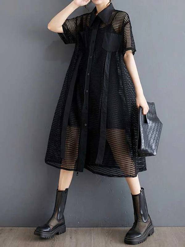 Half Sleeves Loose Hollow Solid Color Split-Joint Zipper Lapel Midi Dresses Shirt Dress - Image 7
