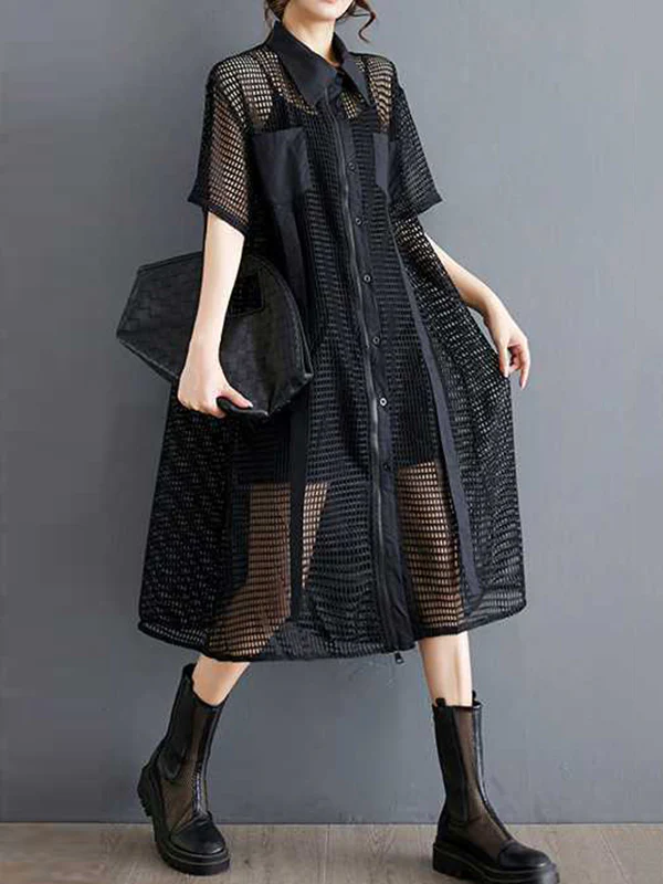 Half Sleeves Loose Hollow Solid Color Split-Joint Zipper Lapel Midi Dresses Shirt Dress - Image 8