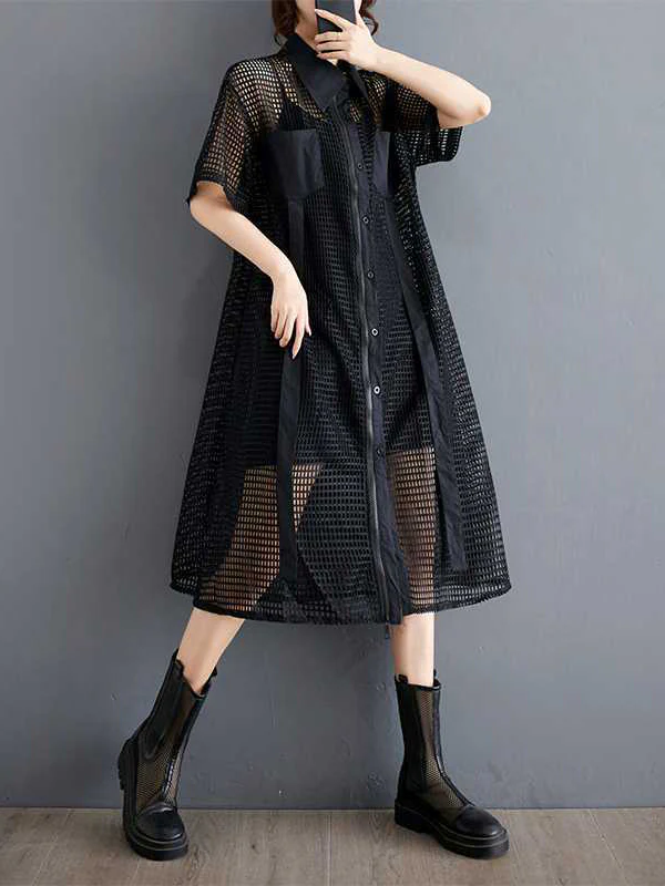 Half Sleeves Loose Hollow Solid Color Split-Joint Zipper Lapel Midi Dresses Shirt Dress - Image 9