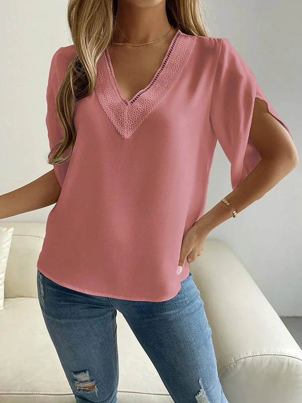 Half Sleeves Loose Hollow Split-Joint V-Neck Blouses&Shirts Tops - Image 10