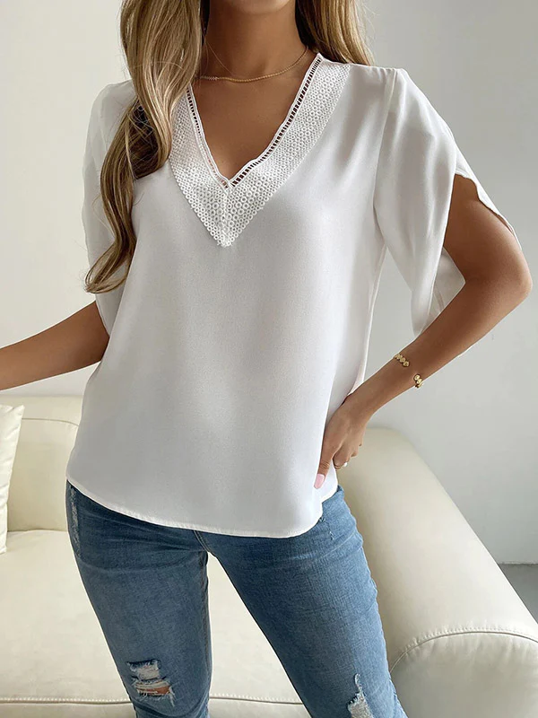 Half Sleeves Loose Hollow Split-Joint V-Neck Blouses&Shirts Tops - Image 17