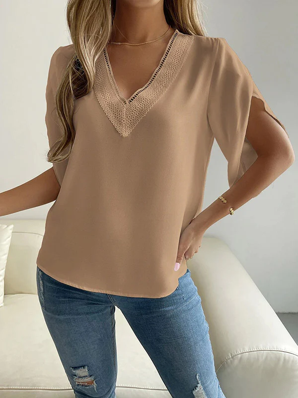 Half Sleeves Loose Hollow Split-Joint V-Neck Blouses&Shirts Tops - Image 19