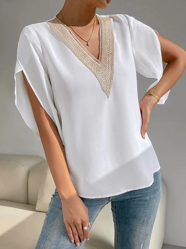 Half Sleeves Loose Hollow Split-Joint V-Neck Blouses&Shirts Tops - Image 7
