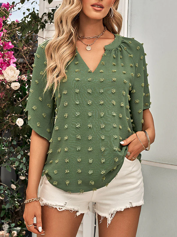 Half Sleeves Loose Jacquard Solid Color V-Neck T-Shirts Tops - Image 10