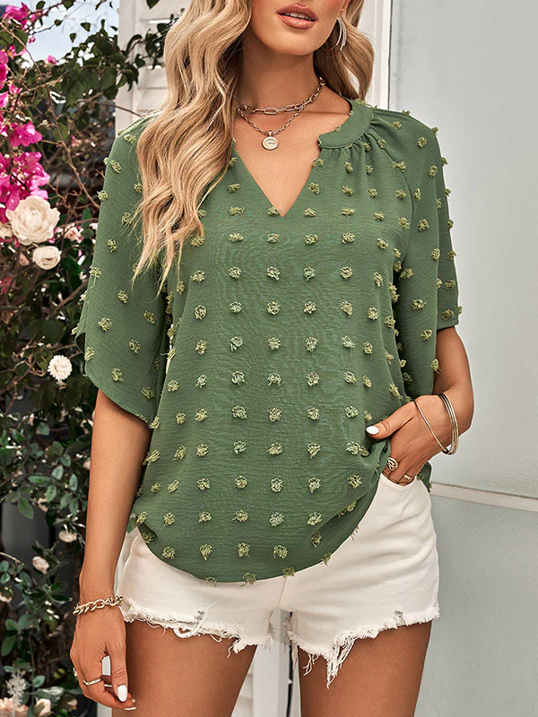 Half Sleeves Loose Jacquard Solid Color V-Neck T-Shirts Tops - Image 12