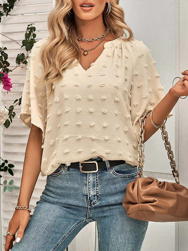 Half Sleeves Loose Jacquard Solid Color V-Neck T-Shirts Tops - Image 13