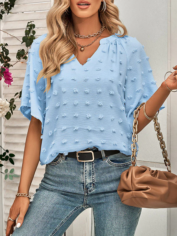 Half Sleeves Loose Jacquard Solid Color V-Neck T-Shirts Tops - Image 15