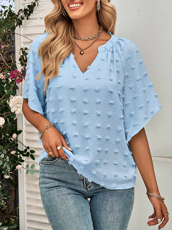 Half Sleeves Loose Jacquard Solid Color V-Neck T-Shirts Tops - Image 16
