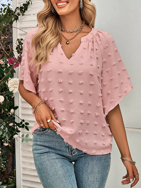 Half Sleeves Loose Jacquard Solid Color V-Neck T-Shirts Tops - Image 17