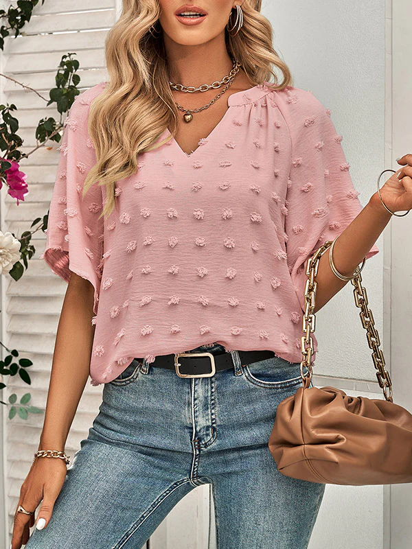 Half Sleeves Loose Jacquard Solid Color V-Neck T-Shirts Tops - Image 18