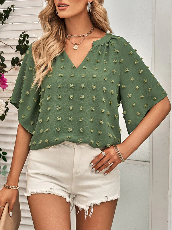 Half Sleeves Loose Jacquard Solid Color V-Neck T-Shirts Tops - Image 2