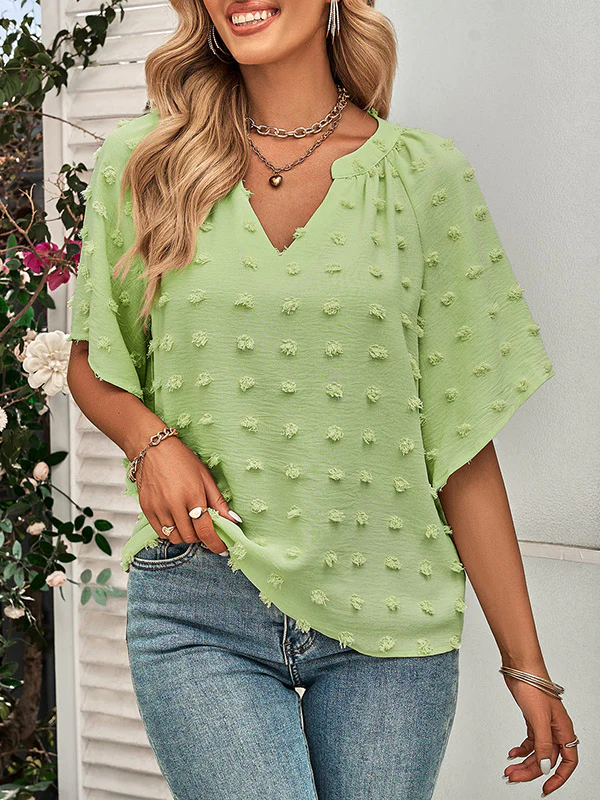 Half Sleeves Loose Jacquard Solid Color V-Neck T-Shirts Tops - Image 20