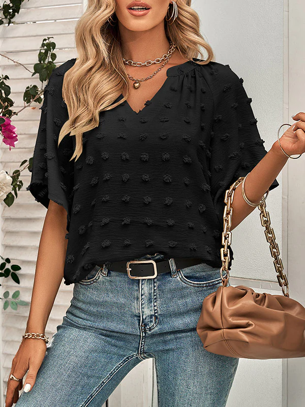 Half Sleeves Loose Jacquard Solid Color V-Neck T-Shirts Tops - Image 21