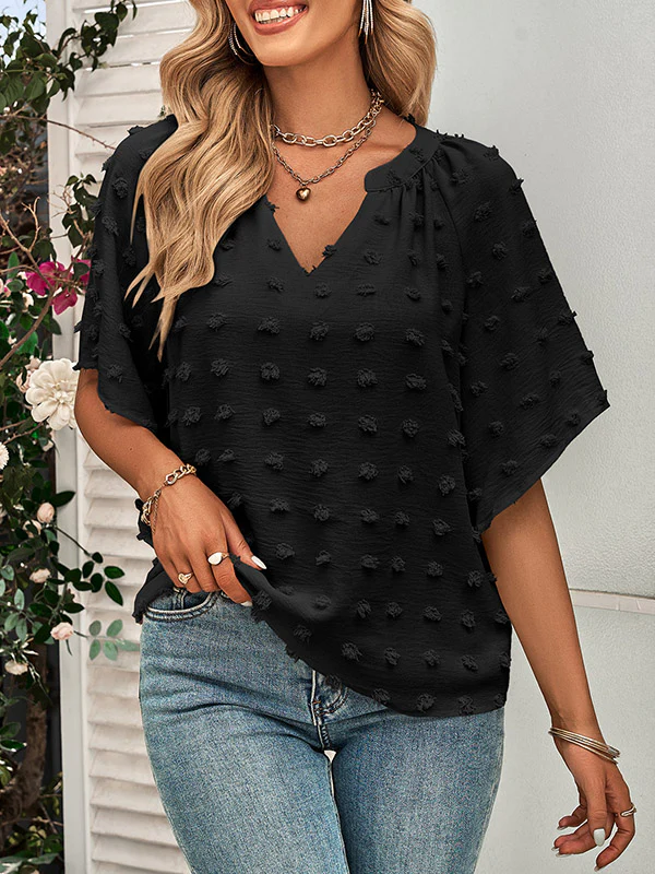 Half Sleeves Loose Jacquard Solid Color V-Neck T-Shirts Tops - Image 22