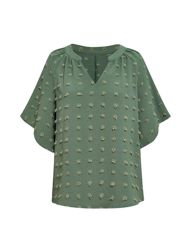 Half Sleeves Loose Jacquard Solid Color V-Neck T-Shirts Tops - Image 23