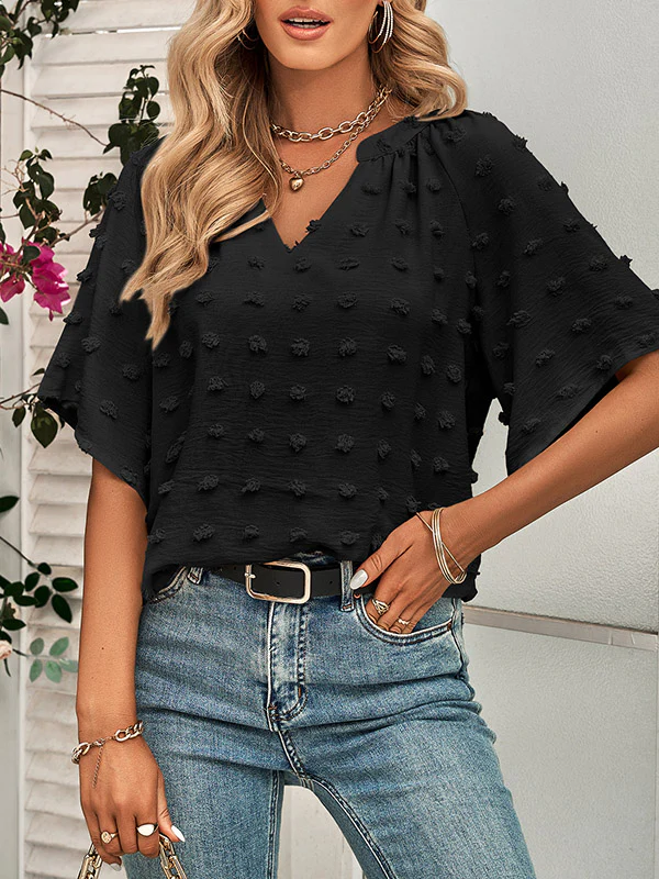 Half Sleeves Loose Jacquard Solid Color V-Neck T-Shirts Tops - Image 6