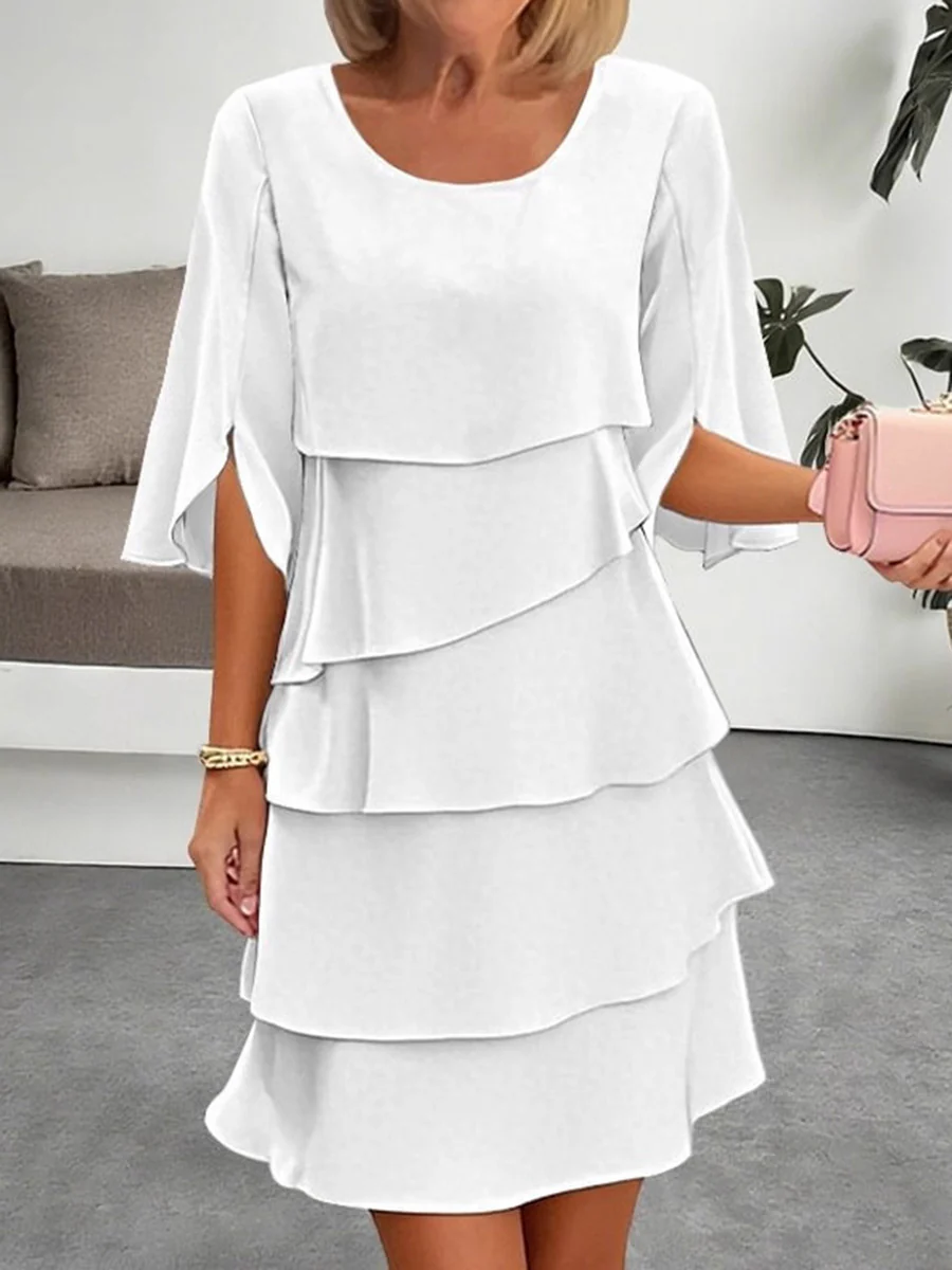 Half Sleeves Loose Layered Ruffled Solid Color Split-Joint Round-Neck Mini Dresses - Image 2