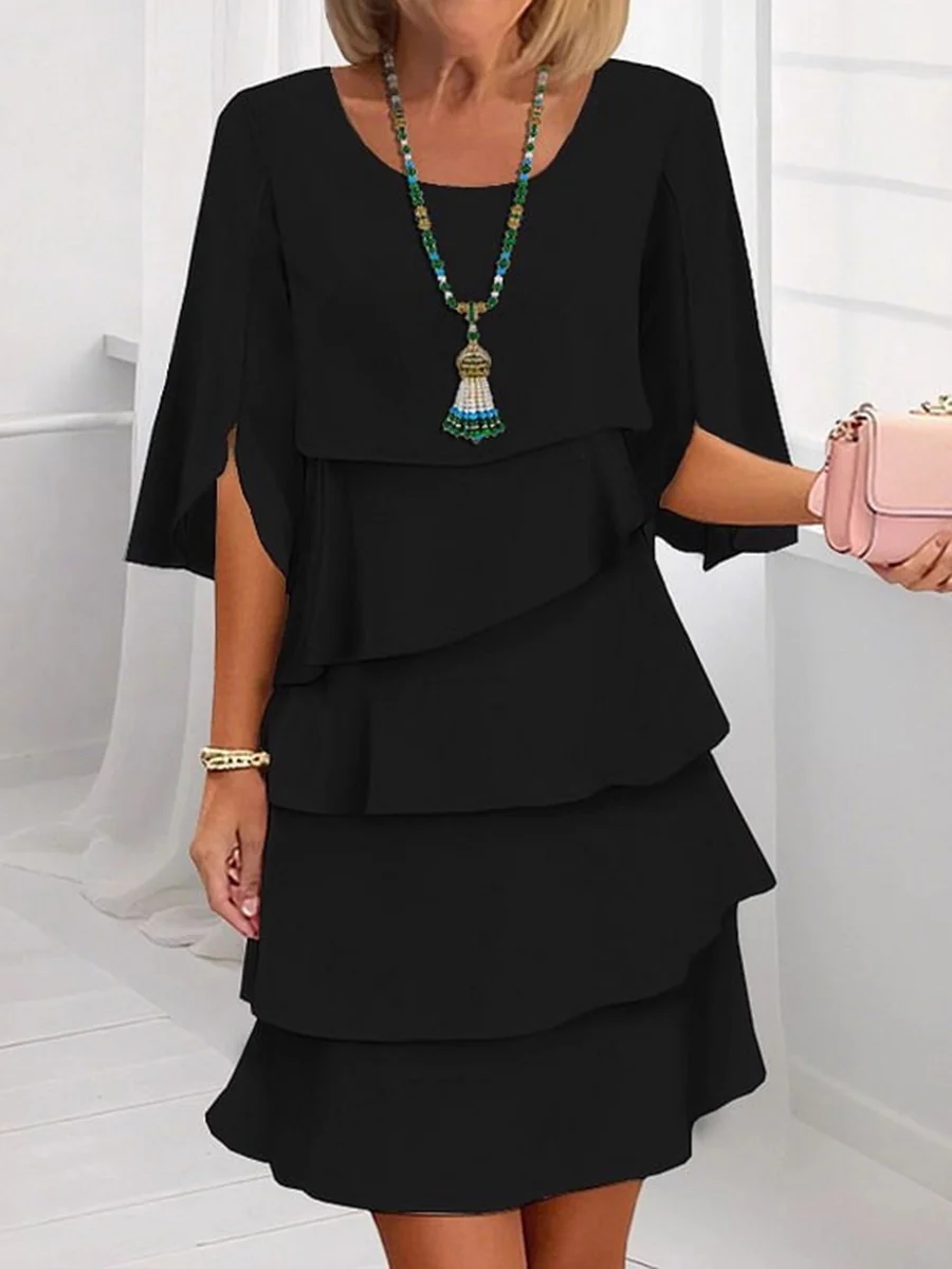 Half Sleeves Loose Layered Ruffled Solid Color Split-Joint Round-Neck Mini Dresses - Image 4
