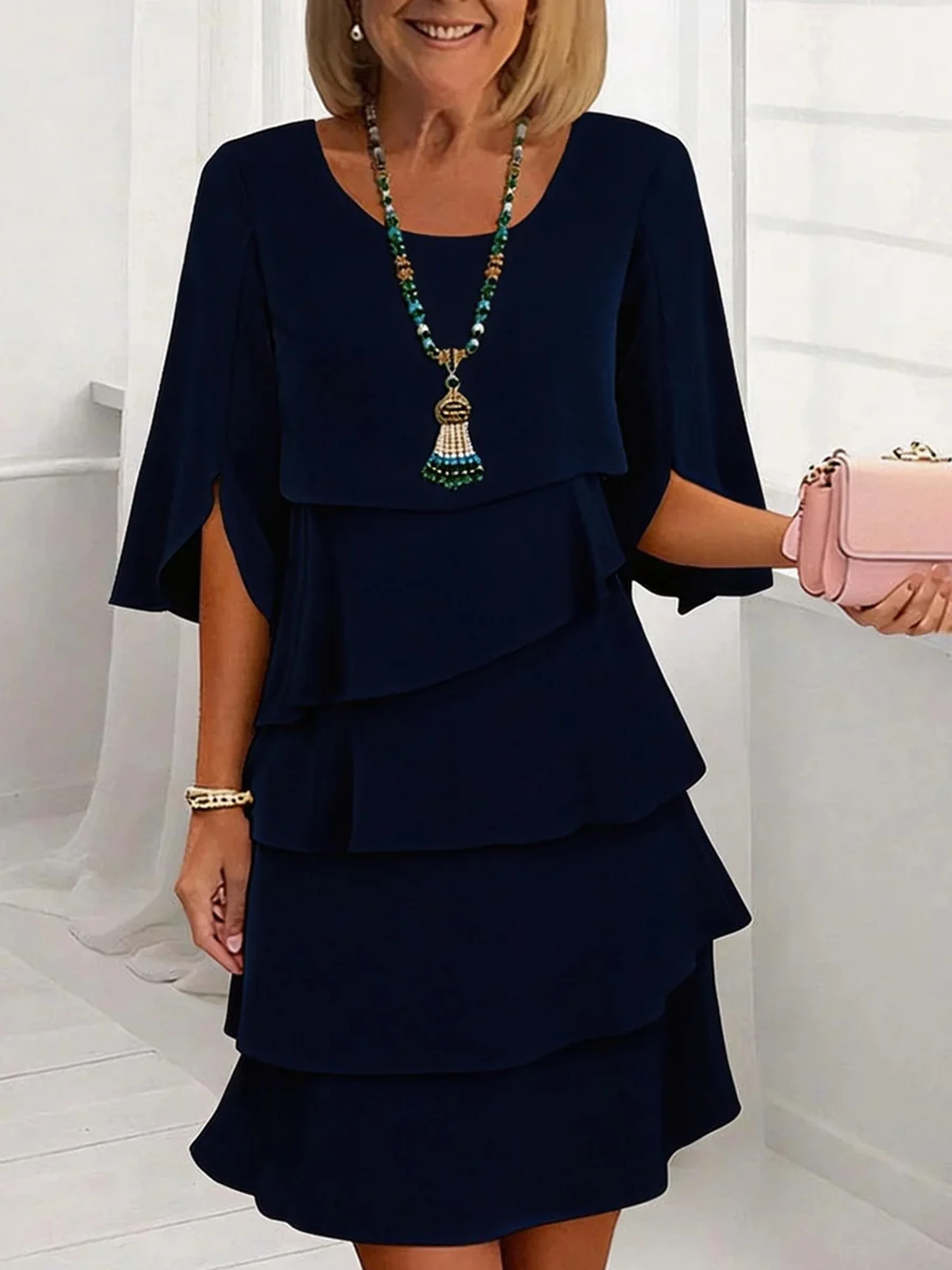 Half Sleeves Loose Layered Ruffled Solid Color Split-Joint Round-Neck Mini Dresses - Image 6