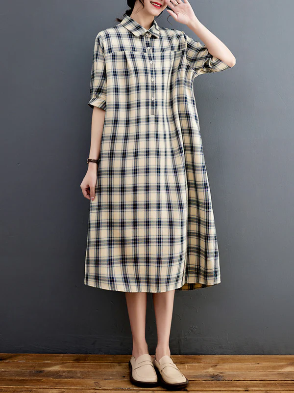Half Sleeves Loose Plaid Lapel Midi Dresses - Image 2