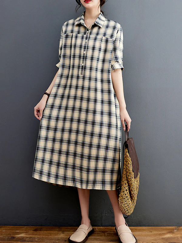 Half Sleeves Loose Plaid Lapel Midi Dresses - Image 3
