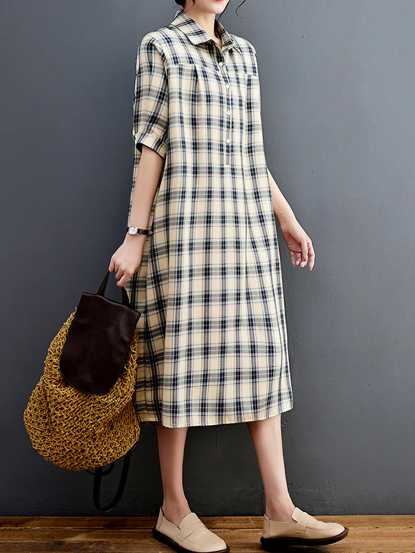 Half Sleeves Loose Plaid Lapel Midi Dresses - Image 4
