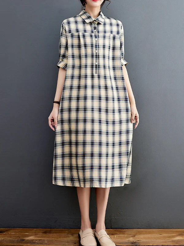Half Sleeves Loose Plaid Lapel Midi Dresses - Image 5