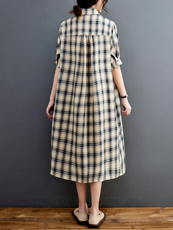 Half Sleeves Loose Plaid Lapel Midi Dresses - Image 6