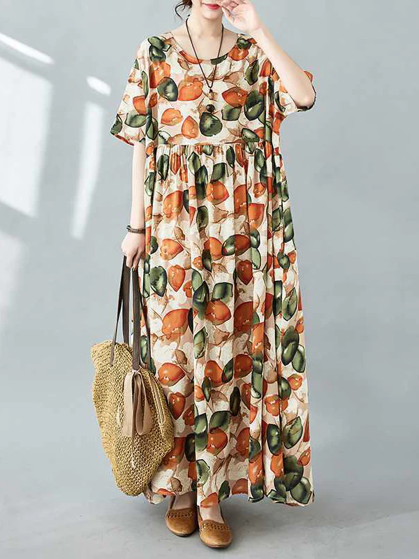Half Sleeves Loose Pleated Printed Split-Joint Round-Neck Midi Dresses - Image 10