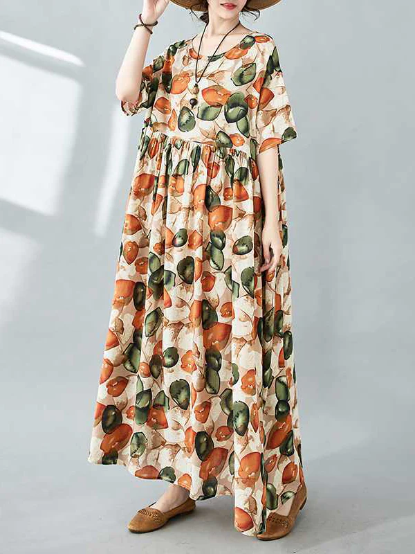 Half Sleeves Loose Pleated Printed Split-Joint Round-Neck Midi Dresses - Image 11