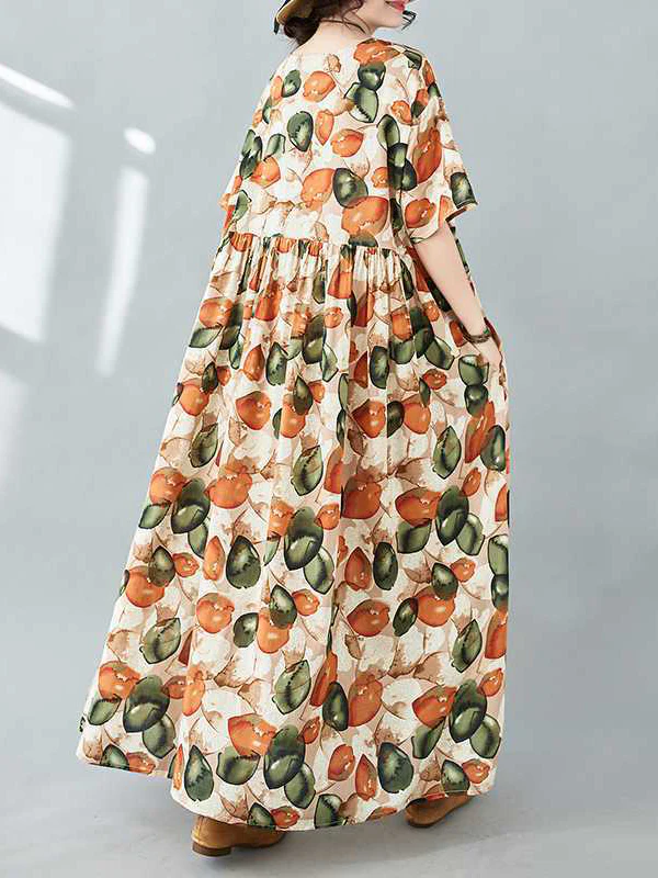 Half Sleeves Loose Pleated Printed Split-Joint Round-Neck Midi Dresses - Image 12