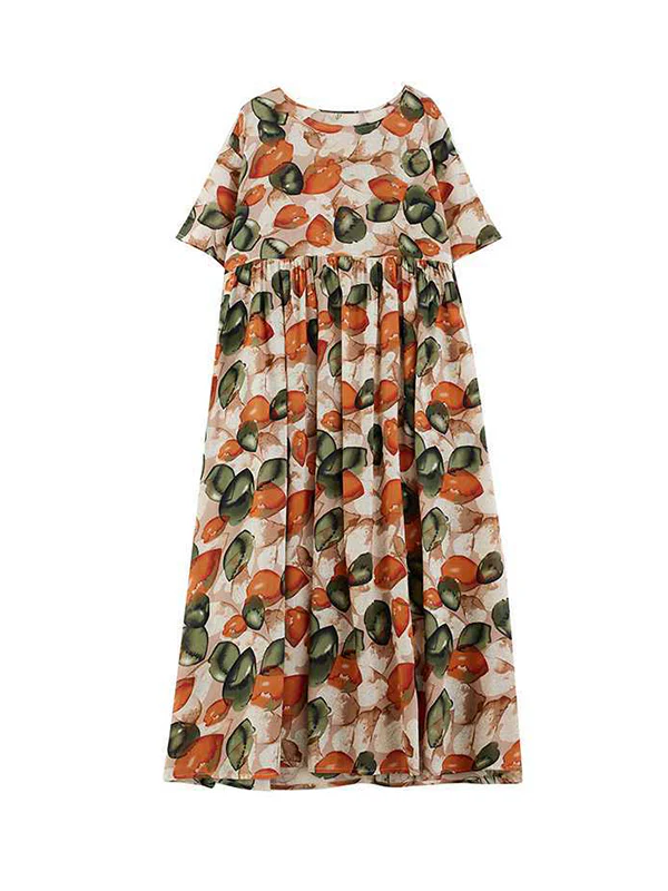 Half Sleeves Loose Pleated Printed Split-Joint Round-Neck Midi Dresses - Image 13