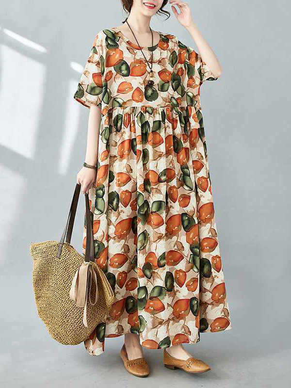 Half Sleeves Loose Pleated Printed Split-Joint Round-Neck Midi Dresses - Image 2