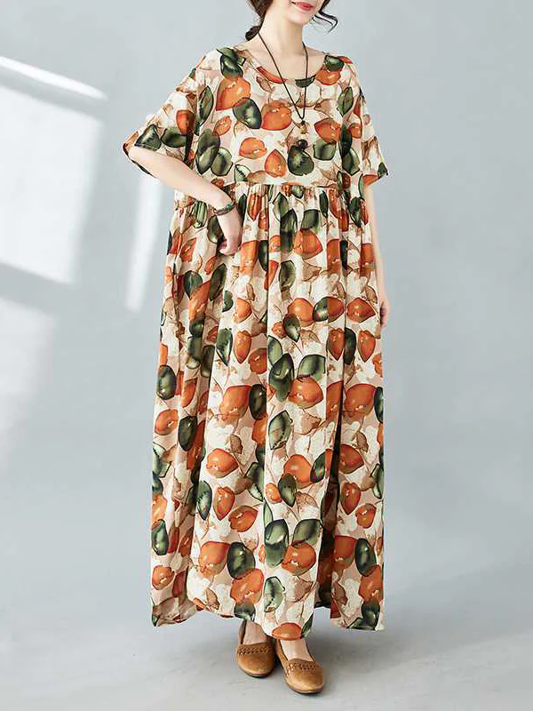 Half Sleeves Loose Pleated Printed Split-Joint Round-Neck Midi Dresses - Image 3