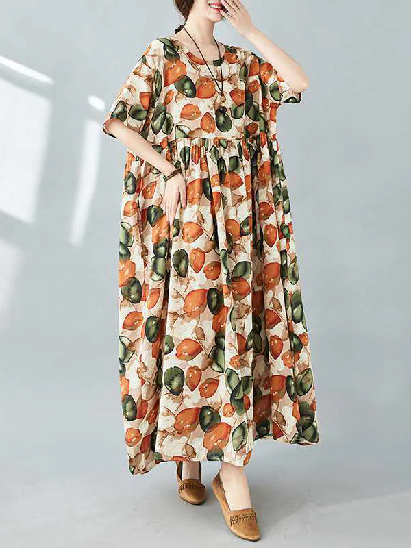 Half Sleeves Loose Pleated Printed Split-Joint Round-Neck Midi Dresses - Image 4