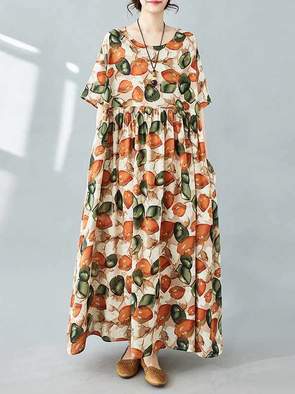 Half Sleeves Loose Pleated Printed Split-Joint Round-Neck Midi Dresses - Image 5