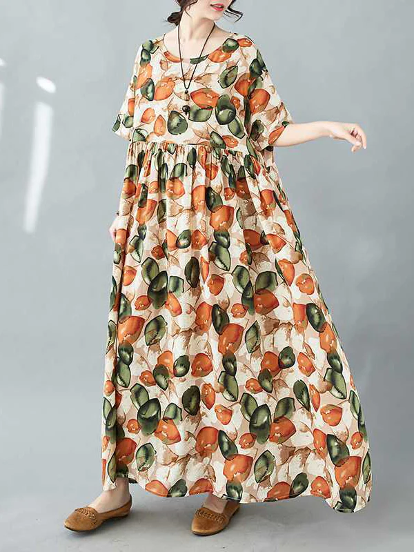 Half Sleeves Loose Pleated Printed Split-Joint Round-Neck Midi Dresses - Image 6